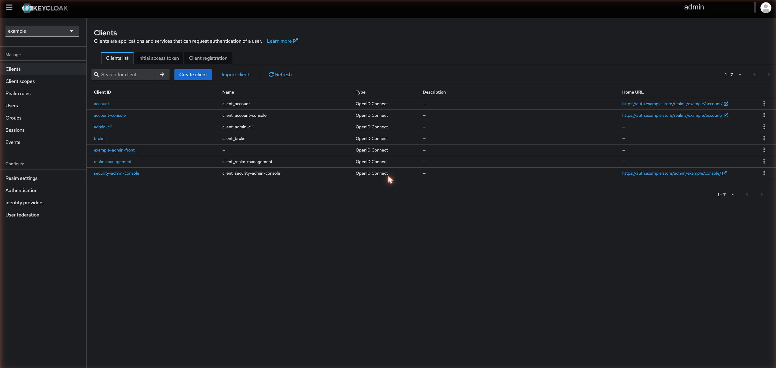 Keycloak Admin — realm의 Clients 목록 (OpenID Connect)