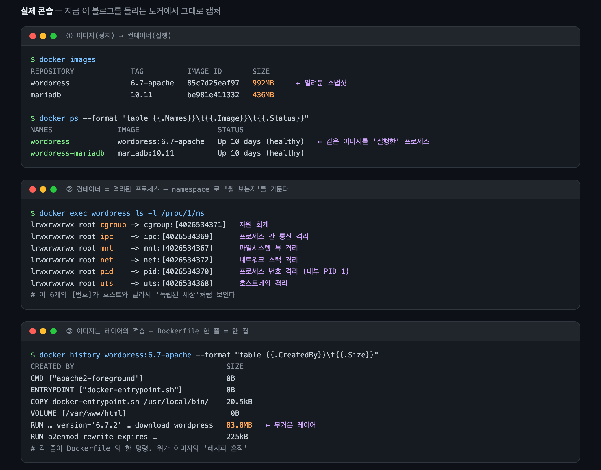 실제 도커 콘솔 — 이미지/컨테이너, namespace 격리, 이미지 레이어