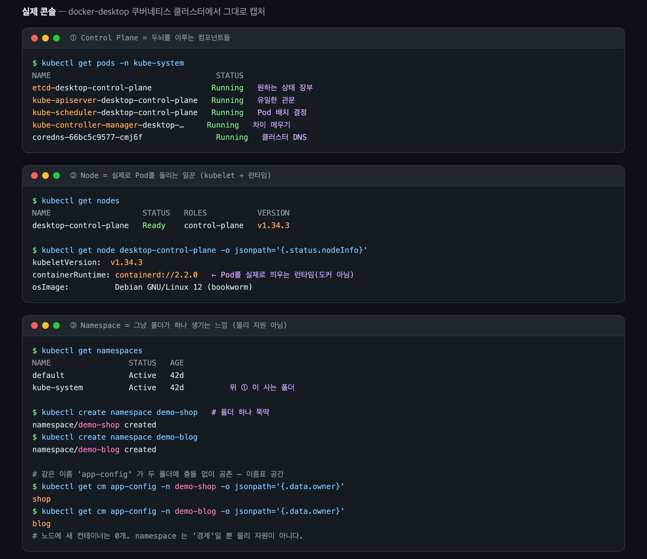 실제 kubectl 콘솔 — Control Plane 컴포넌트, Node 정보, Namespace 폴더 관측